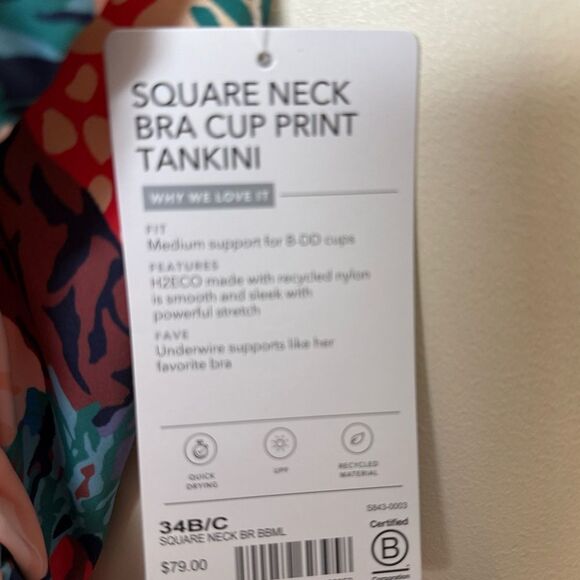 Athleta Square Neck Bra Cup Print Tankini Top Size 34 B/C Bora Bora floral NWT - Picture 2 of 3